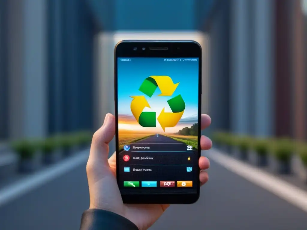 Un smartphone moderno con apps ecofriendly: reciclaje, ahorro energético y sostenibilidad