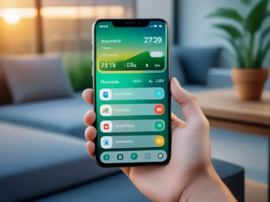 Un smartphone moderno muestra apps para hogar sostenible en un ambiente eco-chic