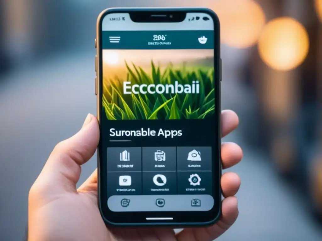 Un smartphone moderno muestra apps de moda sostenible y zero waste en un fondo neutro