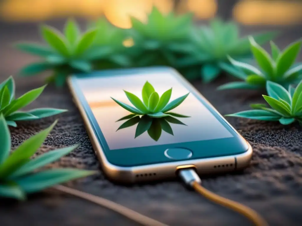 Un smartphone moderno con planta verde emergiendo de la pantalla