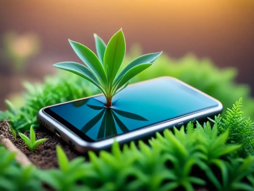 Un smartphone moderno con una planta verde emergiendo de la pantalla, fusionando tecnología y naturaleza