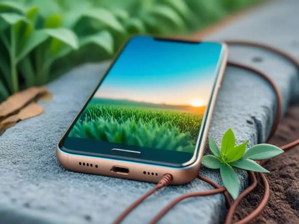 Un smartphone rodeado de naturaleza, con hojas brotando de su puerto de carga y pantalla mostrando un escenario natural tranquilo