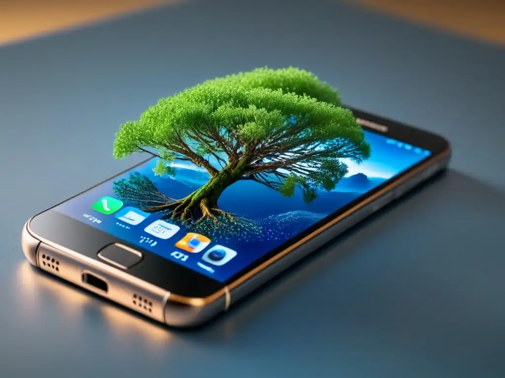 Un smartphone transparente con un árbol digital verde creciendo, simbolizando la integración de tecnología y naturaleza