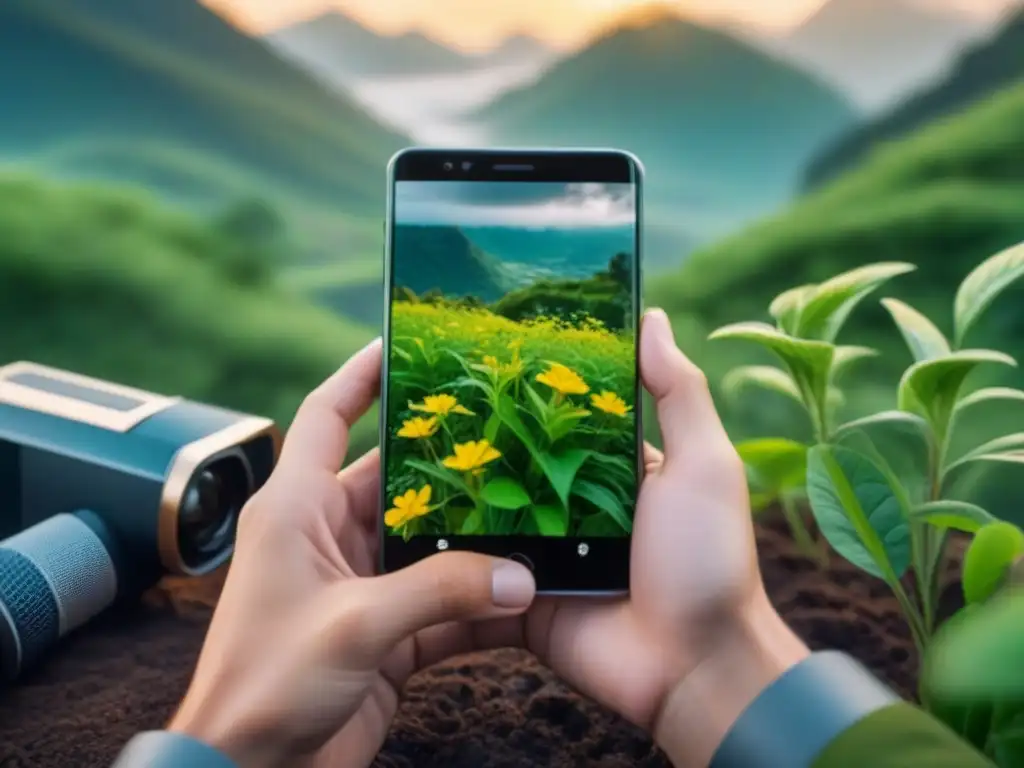 Un smartphone de vanguardia se fusiona con flores y naturaleza, simbolizando la transformación de gadgets hacia sostenibilidad