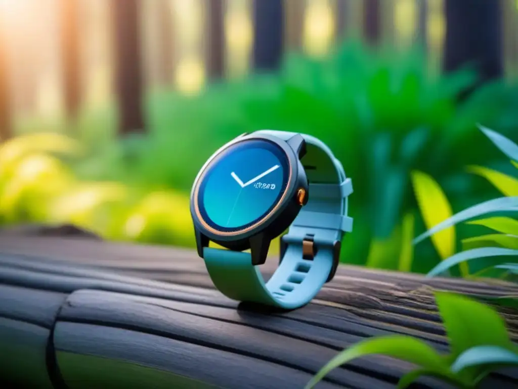 Un smartwatch de lujo hecho con materiales sostenibles, mostrando datos de salud en un bosque verde