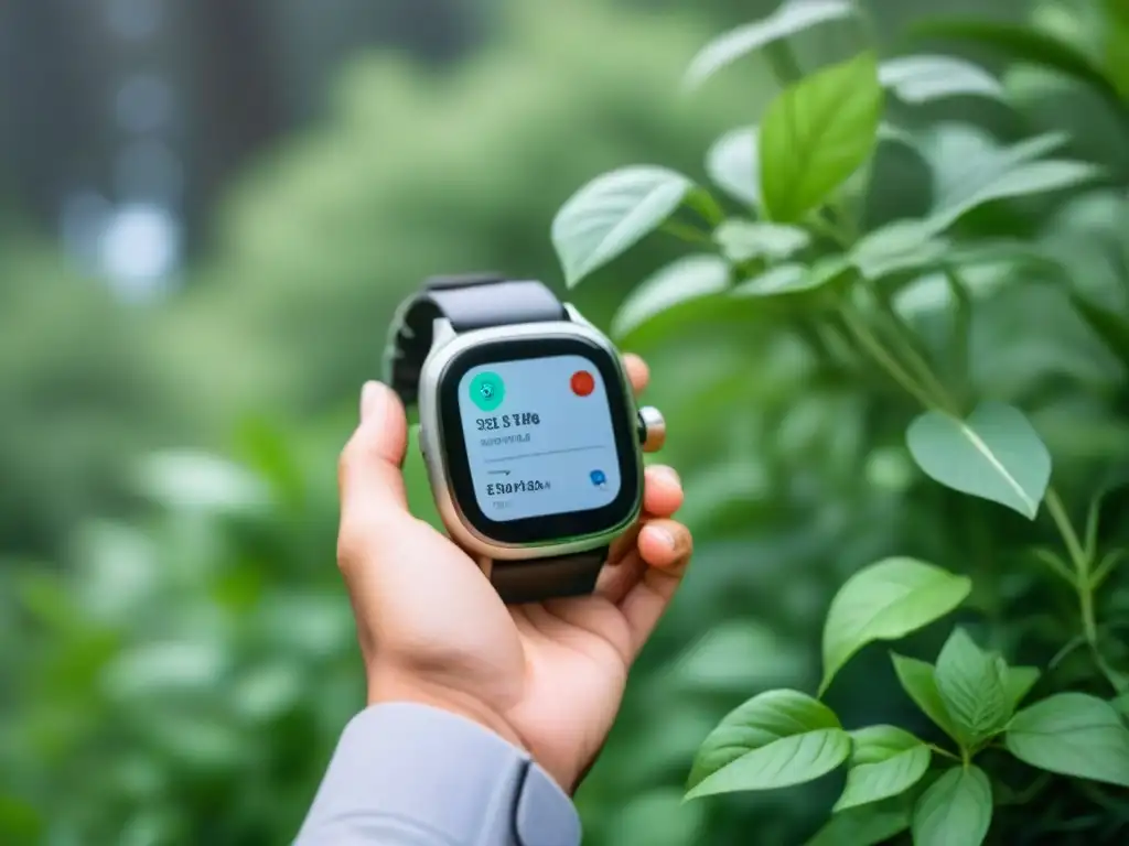 Un smartwatch de lujo con materiales sostenibles en un entorno verde, fusionando tecnología y ecoamigabilidad