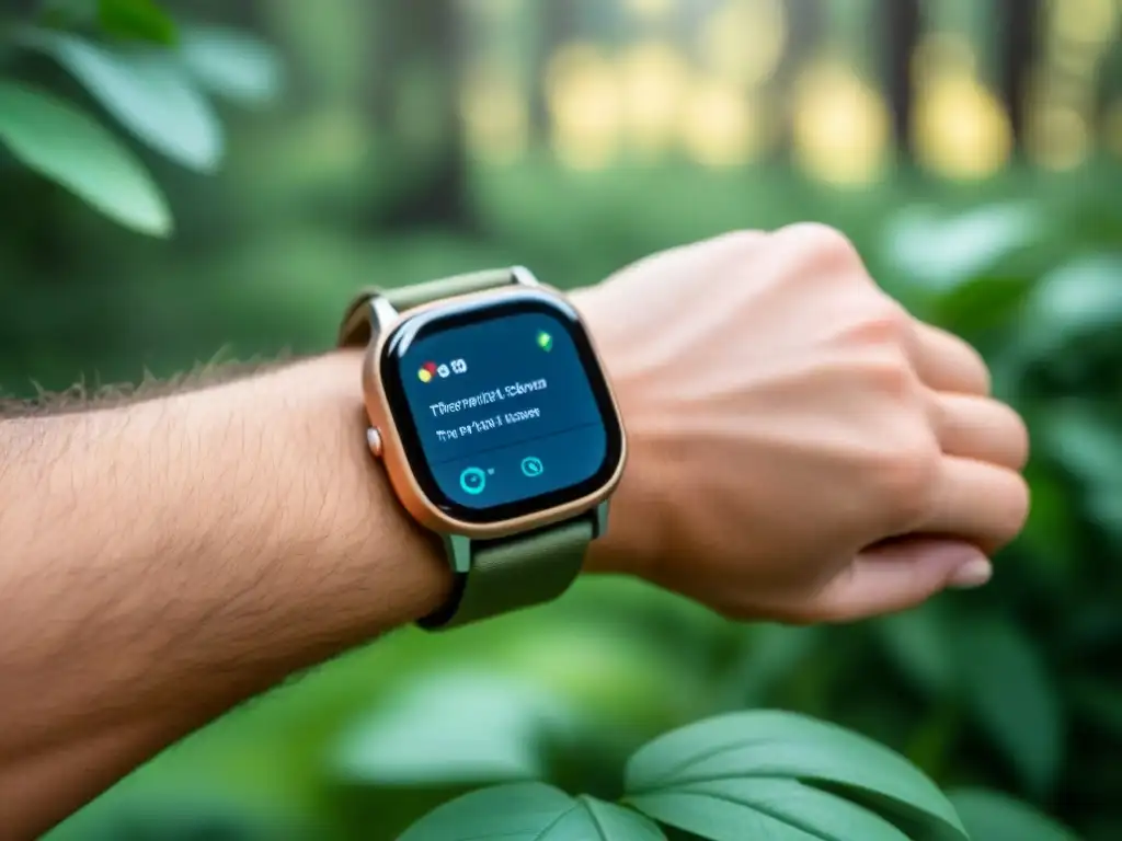 Un smartwatch moderno y sostenible en un bosque verde, fusionando lujo, gadgets y ecoinnovación sostenible