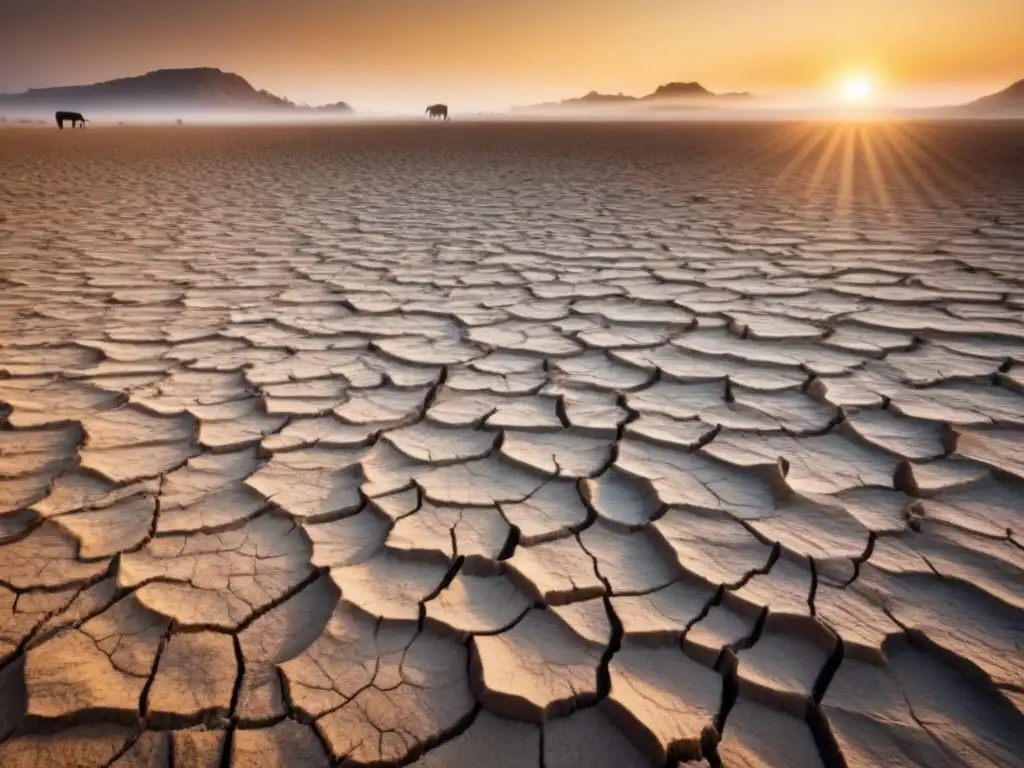 El sol abrasador ilumina la tierra agrietada en un paisaje desolado, destacando la relación entre la producción de carne y el cambio climático