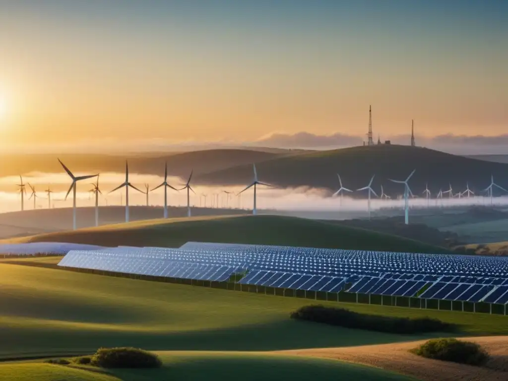 Un sol brillante ilumina un paisaje con molinos y paneles solares, simbolizando incentivos fiscales energía renovable