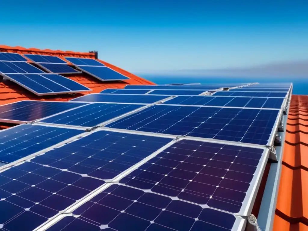 Instalación solar detallada en un tejado moderno, reflejando la luz del sol