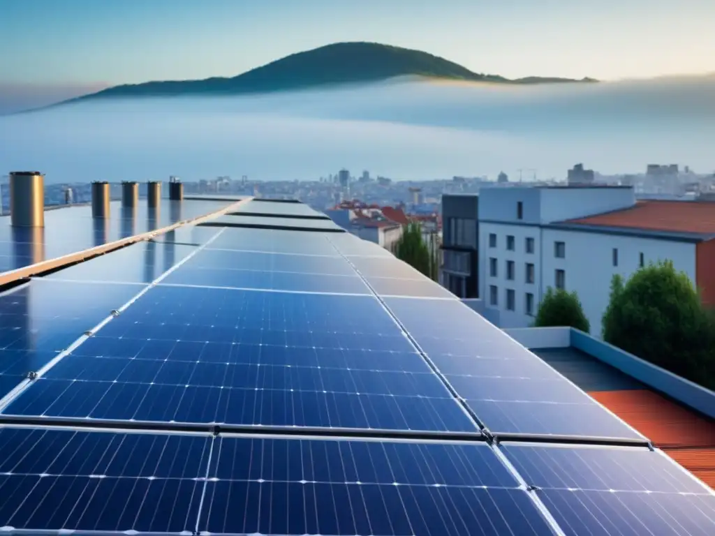 Instalación solar minimalista en tejado urbano, fusionando tecnología sostenible