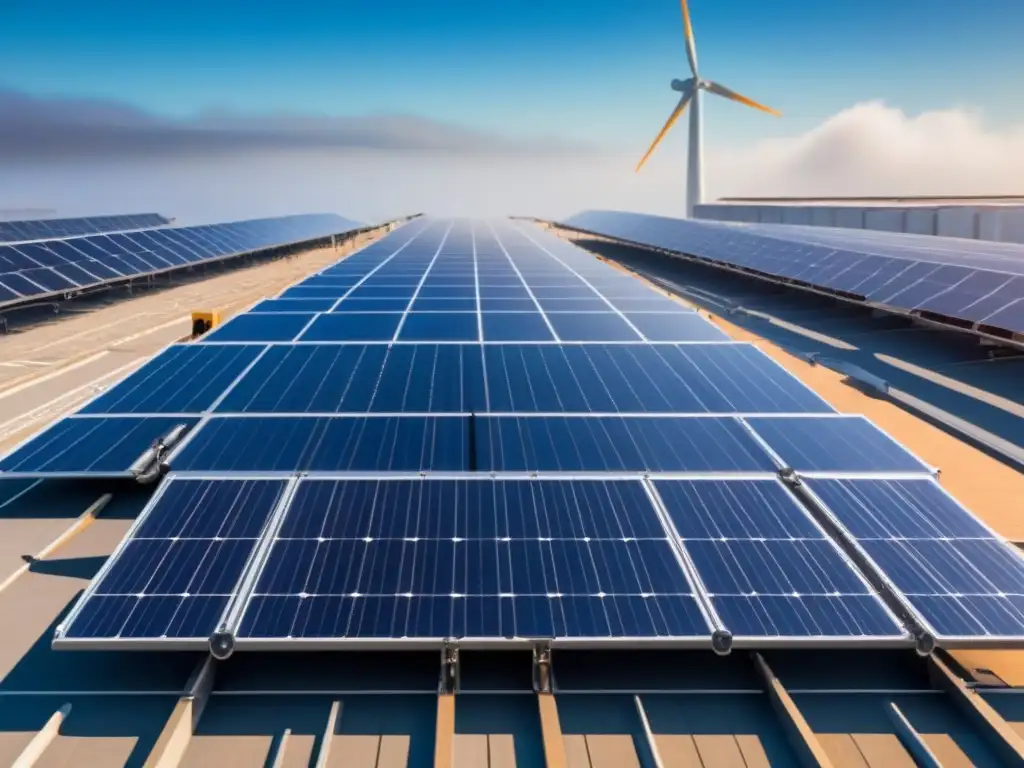 Instalación solar moderna y eficiente con paneles brillantes, turbinas de viento y cielo azul