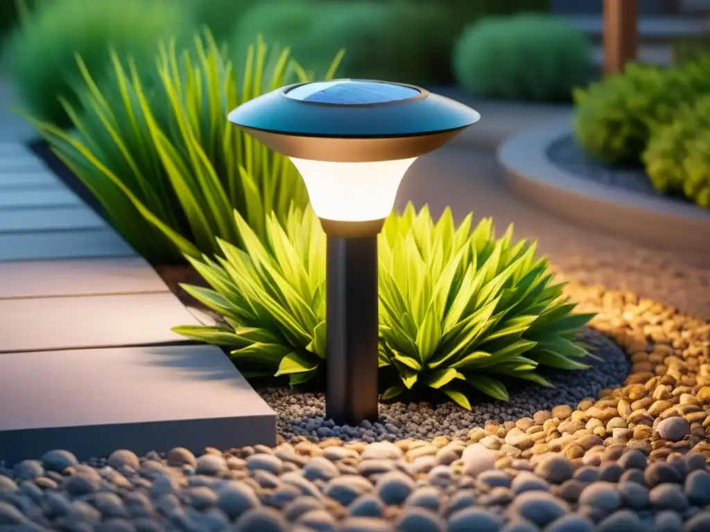 Iluminación solar para jardín sostenible: Lámpara moderna ilumina un jardín bellamente paisajístico al anochecer