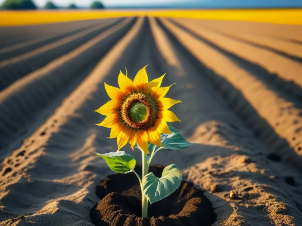 Un solitario girasol marchito en un campo seco, bajo un sol abrasador