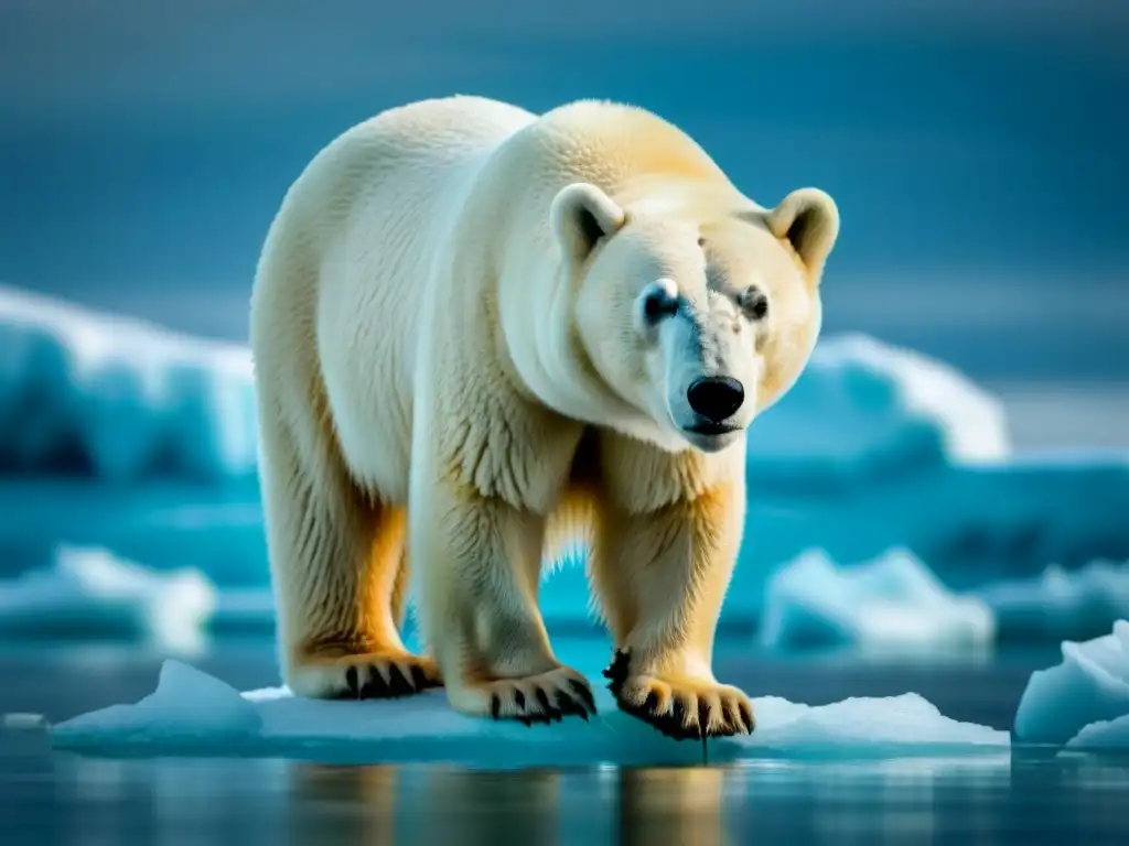 Solitario oso polar en bloque de hielo derritiéndose en el océano ártico