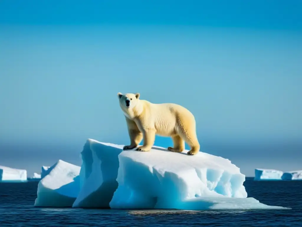 Un solitario oso polar en un iceberg derritiéndose, rodeado de agua helada bajo un cielo azul