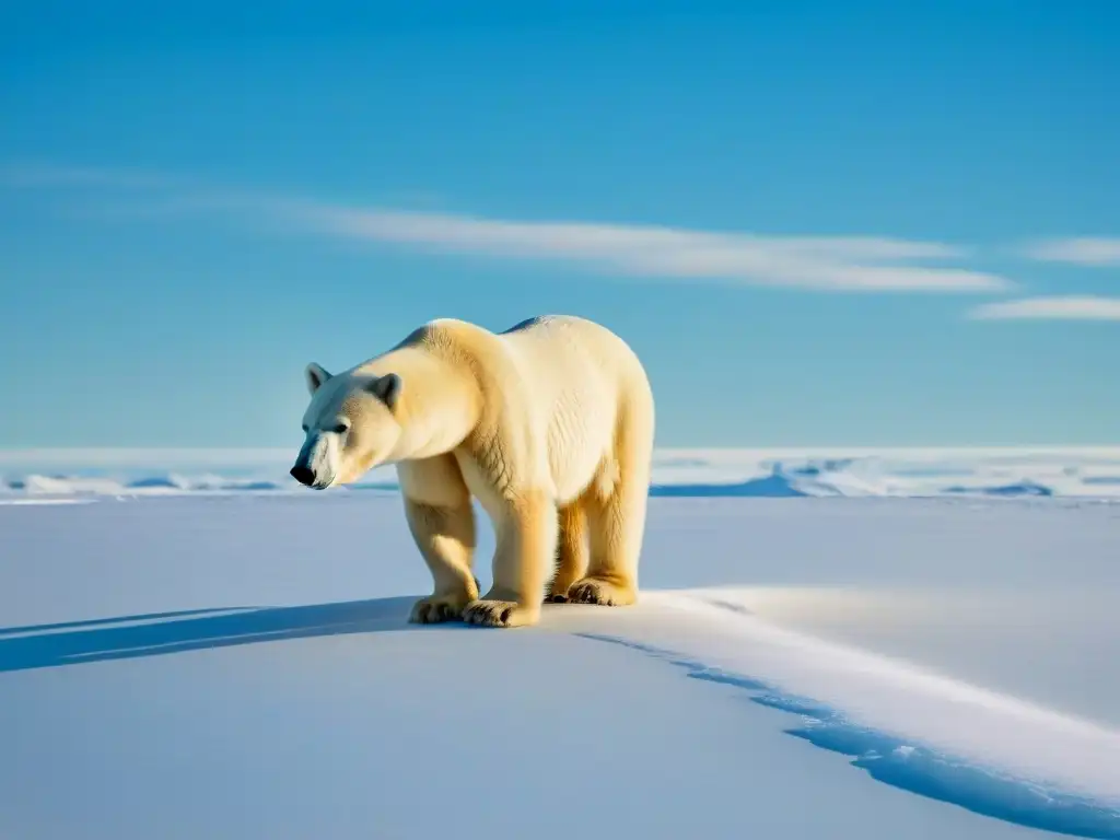 Un solitario oso polar en la vastedad nevada del Polo Norte, bajo un cielo azul claro