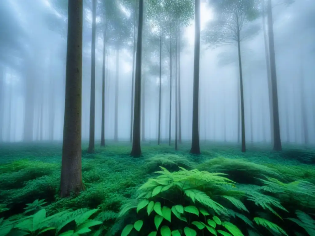 Soluciones para la deforestación y cambio climático en un bosque verde con árboles altos y follaje vibrante bajo un cielo azul claro