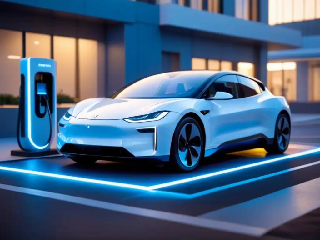 Vehículo eléctrico de lujo cargando en estación futurista Soluciones de carga vehículo eléctrico sostenible en estación futurista con coche moderno y elegante cargando