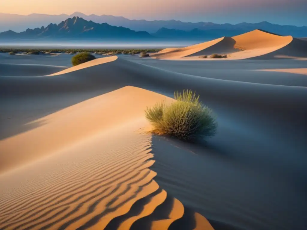 Sostenibilidad en caminatas desiertos: paisaje desértico vasto con dunas de arena, plantas dispersas y montañas lejanas