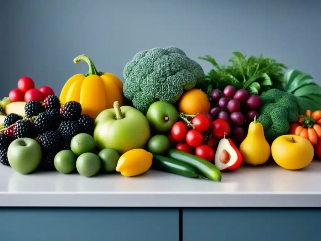 Alimentación sostenible basada en plantas: variedad de frutas y verduras coloridas en una cocina minimalista y moderna