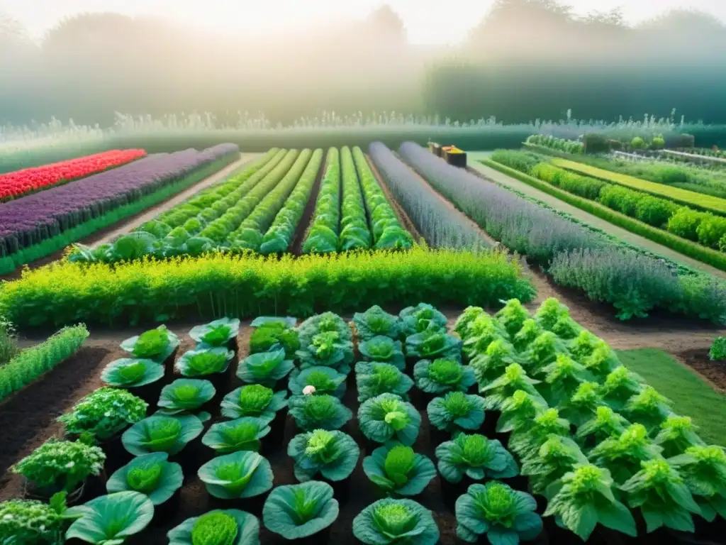 Un jardín sostenible para bienestar: hileras de vegetales y hierbas en armonía con abejas polinizando flores, bajo la luz del sol