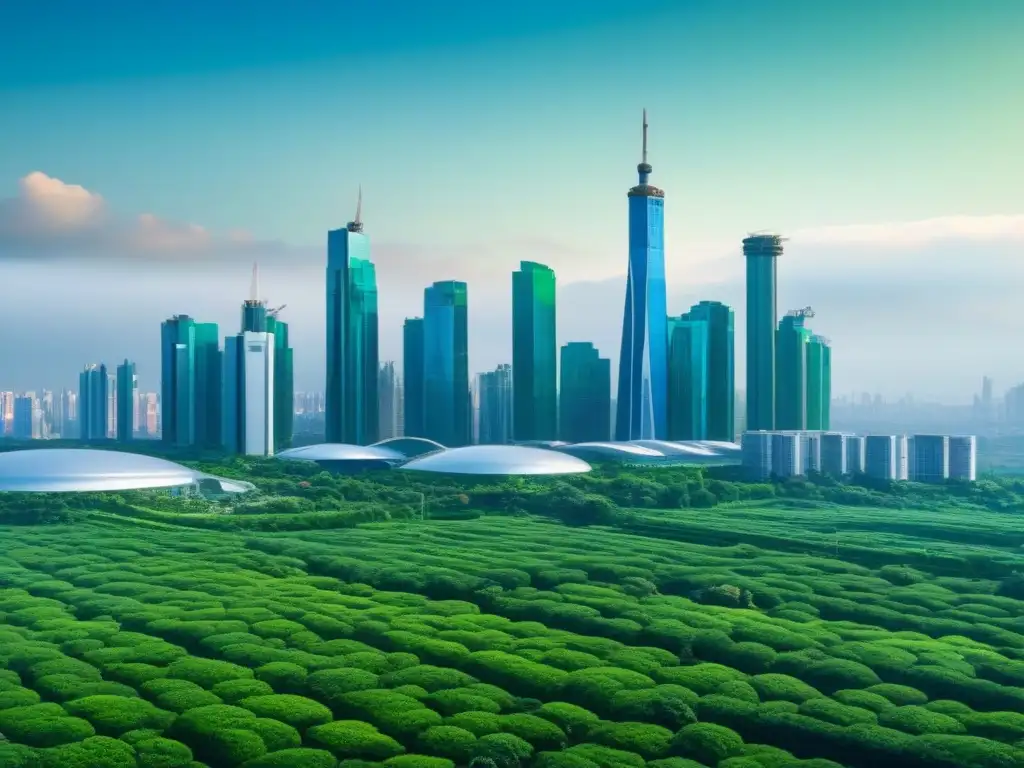 Skyline futurista: Fusión armoniosa de tecnología y naturaleza Transformación digital sostenible: una ciudad futurista con tecnología y naturaleza integradas en armonía