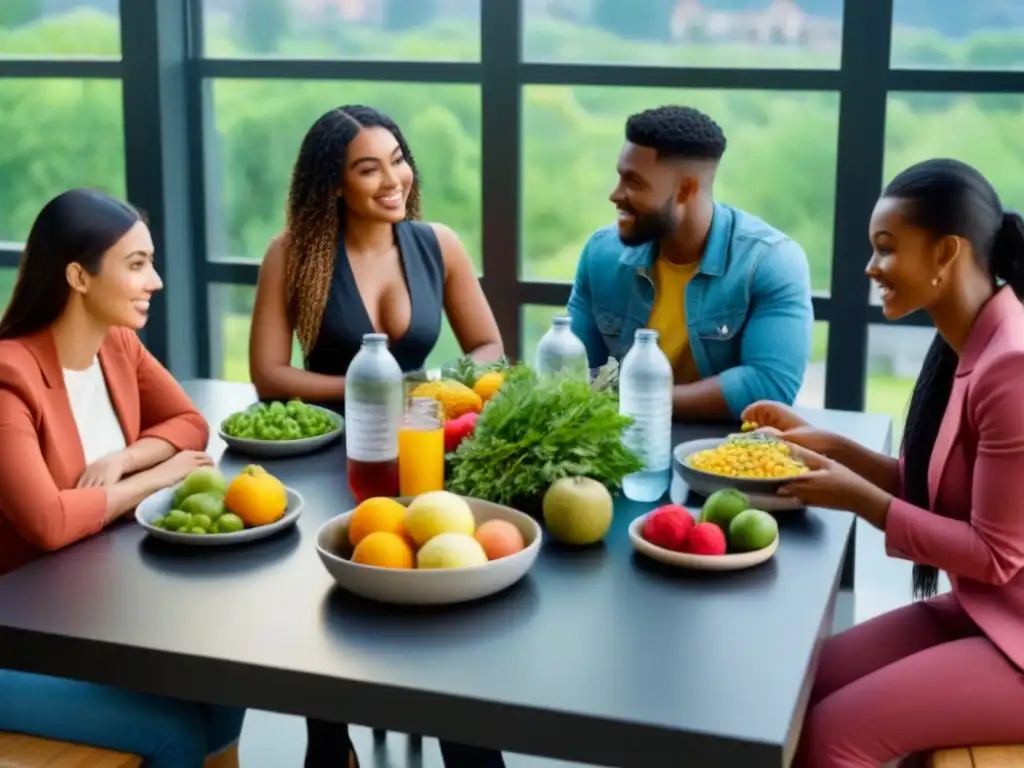 Conversación sobre alimentación sostenible para estudiantes en moderna mesa universitaria