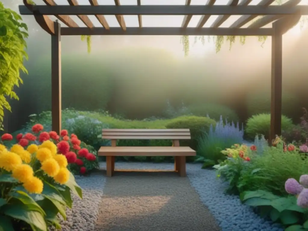 Jardín sostenible con flores coloridas, banco de madera y pérgola en un oasis tranquilo