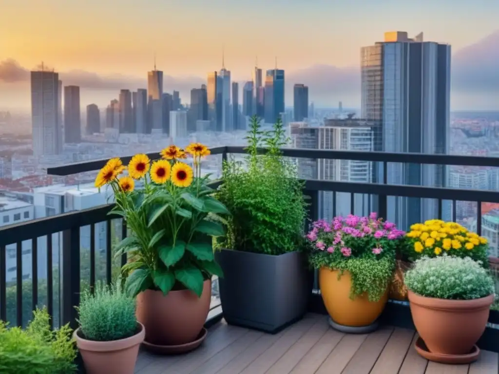 Jardín de balcón sostenible con flores vibrantes, hierbas aromáticas y estación de compostaje, bajo la cálida luz del atardecer en la ciudad