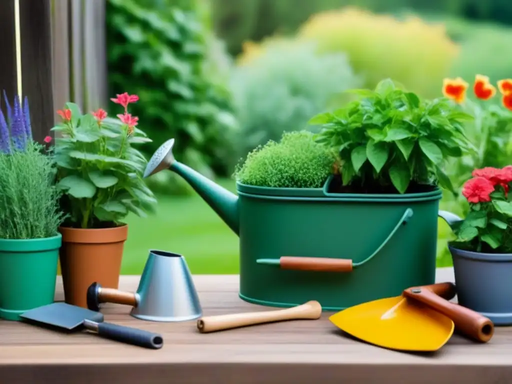 Un jardín sostenible con herramientas ecológicas en una mesa de madera, rodeado de plantas coloridas y un compostero