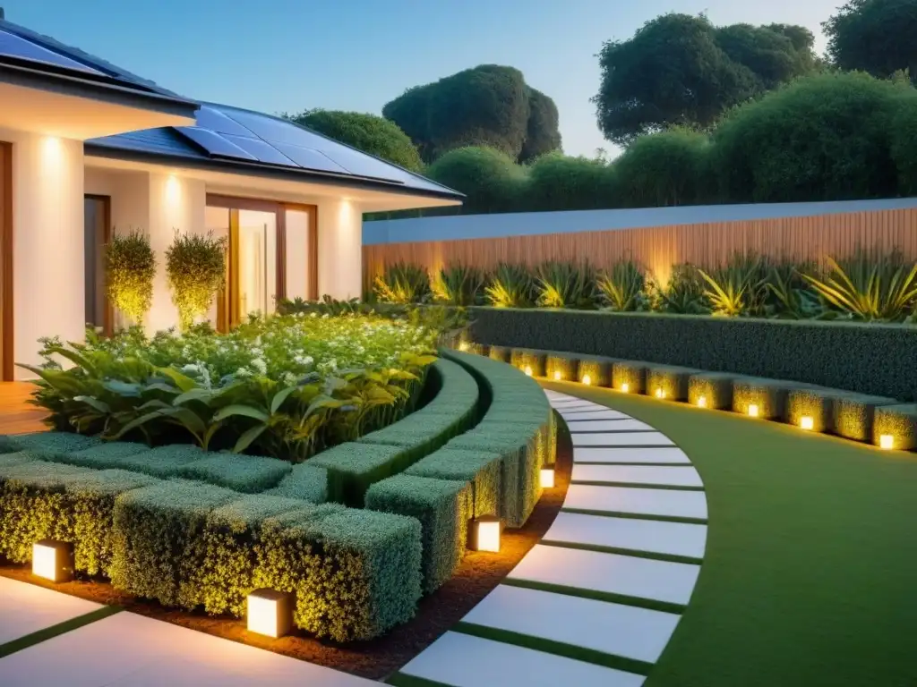 Un jardín sostenible iluminado por luces solares, resaltando la belleza y eficiencia de la iluminación solar para jardín sostenible