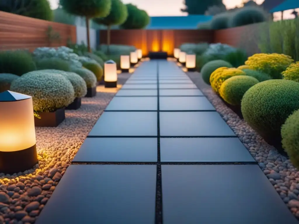 Un jardín sostenible iluminado por luces solares, perfecto para relajarse