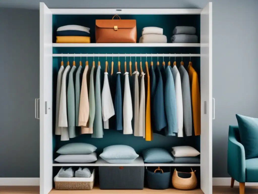 Un guardarropa sostenible y zero waste con moda organizada por color y tipo, hecha de materiales ecofriendly como algodón orgánico y fibras recicladas