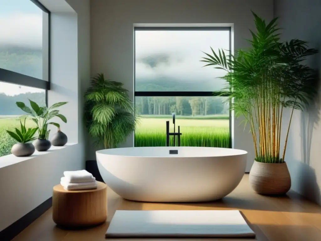 Baño sostenible: bañera moderna llena de agua cristalina rodeada de plantas verdes, luz natural y toalla blanca