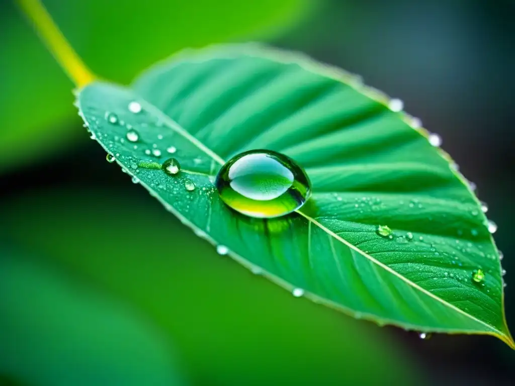 Fotografía sostenible de la naturaleza: fragilidad y belleza capturadas en una gota de rocío sobre una hoja verde vibrante