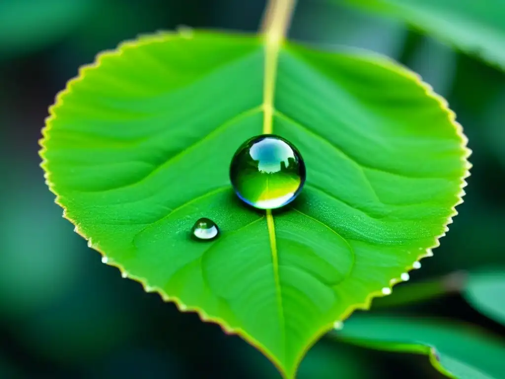 Poesía sostenible en un planeta verde: una gota de lluvia sobre una hoja, reflejando la naturaleza con claridad cristalina