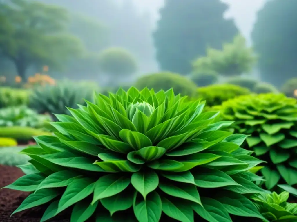 Un jardín sostenible con plantas verdes vibrantes entrelazadas, mostrando la belleza de la alimentación basada en plantas