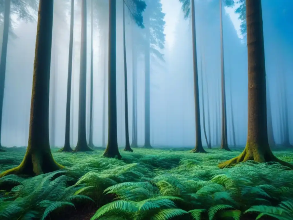 Inversión sostenible rentable conciencia: Un árbol fuerte y alto en un bosque verde con cielo azul claro, transmitiendo armonía con la naturaleza