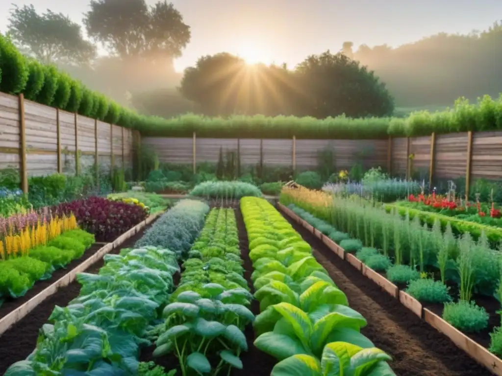 Un jardín sostenible repleto de verduras y hierbas, bañado por la luz del atardecer