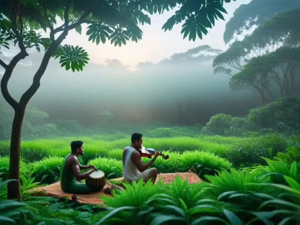 Armonía musical indígena en la selva al atardecer Música indígena sostenible: Siluetas de músicos en la selva al atardecer
