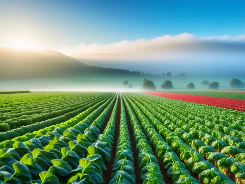 Huerto ecológico: armonía verde bajo el sol Granja plantbased sostenible: verduras vibrantes bajo cielo azul, sol cálido