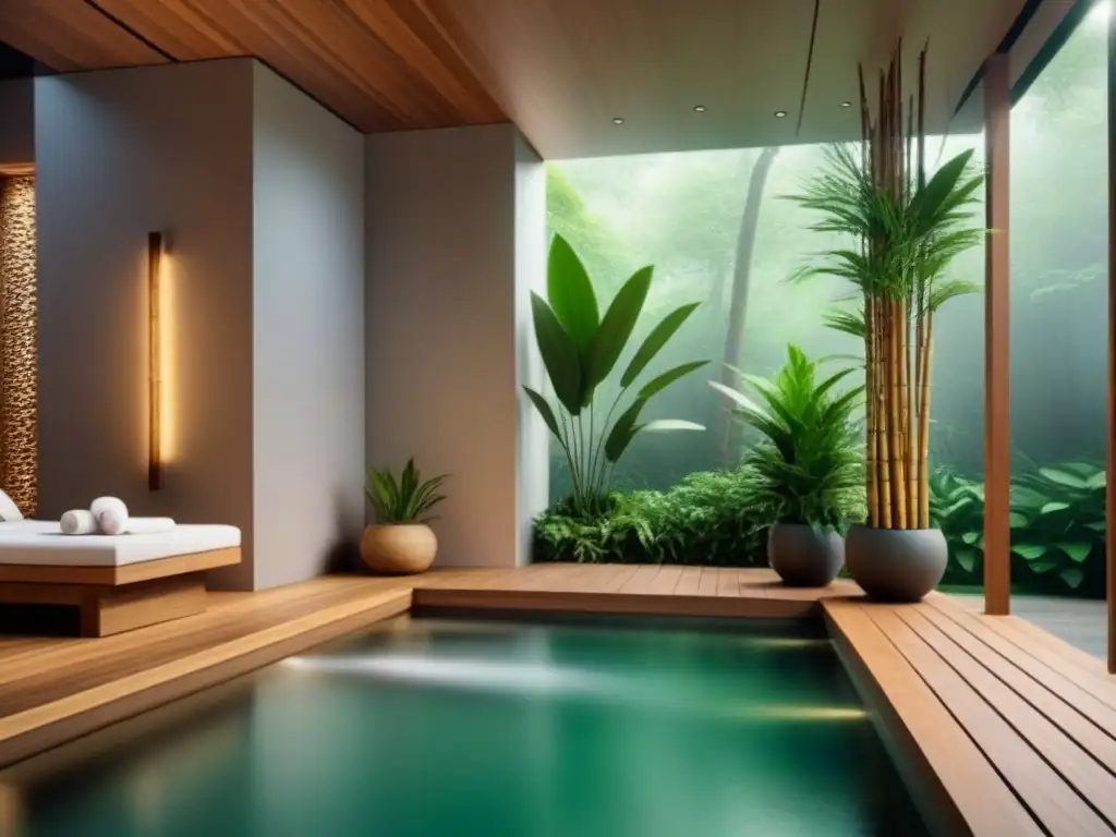 Un spa ecológico rodeado de exuberante vegetación y elementos naturales, con diseño minimalista y materiales sostenibles