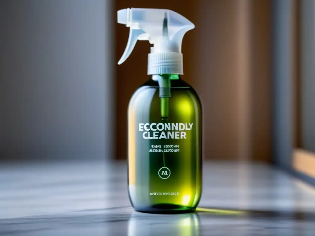 Un spray de vidrio moderno con solución limpia ecofriendly sobre encimera de mármol