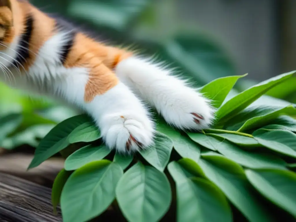 Suave pata de gato sobre hoja verde, reflejando la salud de las mascotas sin efectos químicos en la limpieza