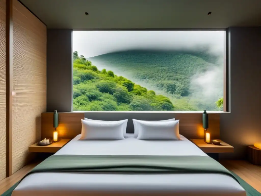 Un suite de hotel minimalista y lujoso con muebles de bambú sostenibles, ropa de cama de algodón orgánico y vistas a un bosque exuberante