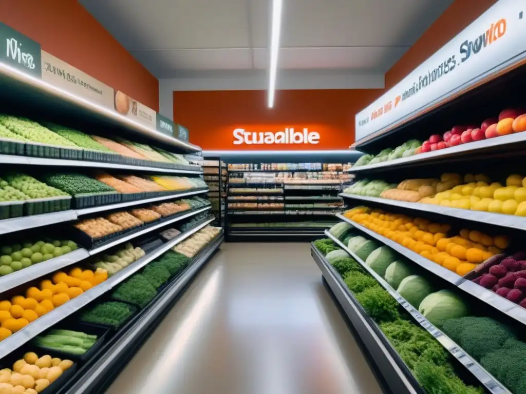 Supermercado zero waste: compras eco en un pasillo moderno y minimalista lleno de productos sin envases, como frutas y verduras