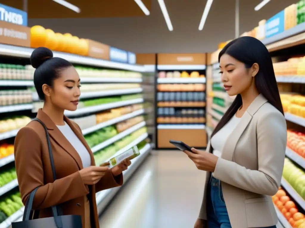 Un supermercado ecoamigable donde personas diversas leen etiquetas con atención