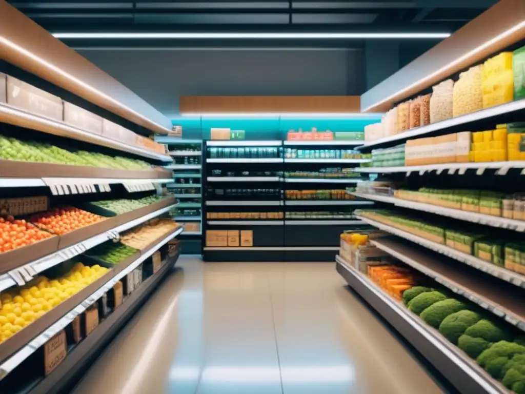 Un supermercado moderno con estanterías llenas de productos sin envases, transmitiendo la estrategia zero waste supermercados