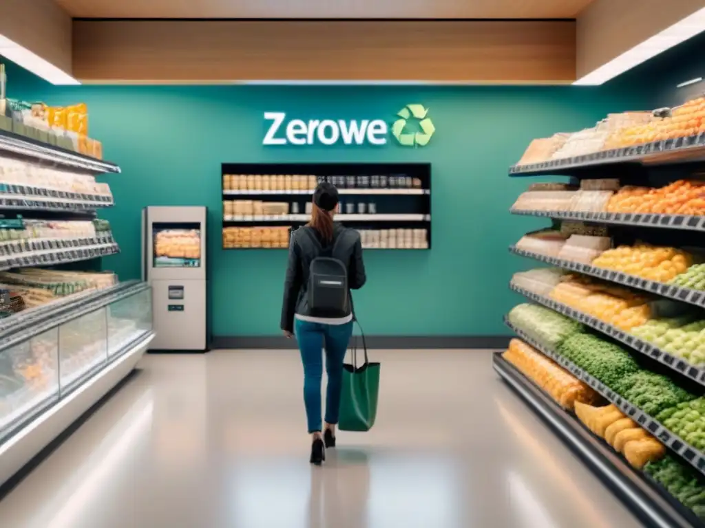 Un supermercado moderno con estrategia zero waste: clientes con bolsas reutilizables y productos sin envases